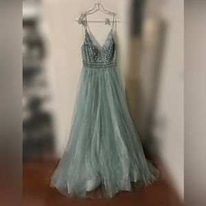 Blue Beaded V Neck Prom Dress